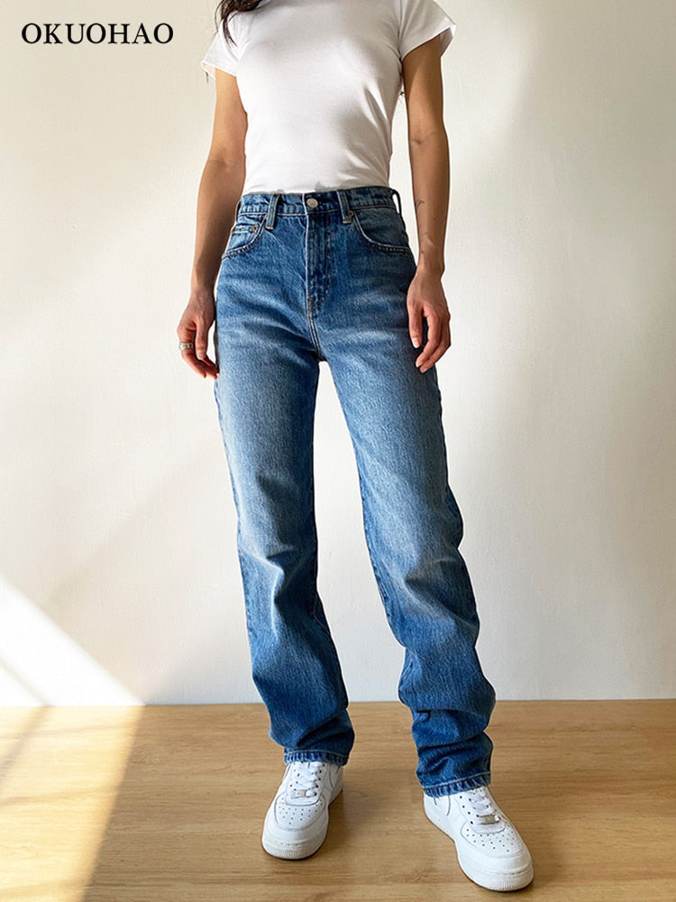 2022 High Waist Baggy Jeans Women Casual Straight Leg Loose Pants Mom Jean Fashion Comfy Wash Boyfriend Wide Leg Simple Trousers